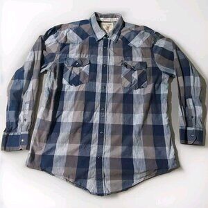 Coastal Shirt Mens 2XL Blue Gray Plaid Pearl Snap Pockets